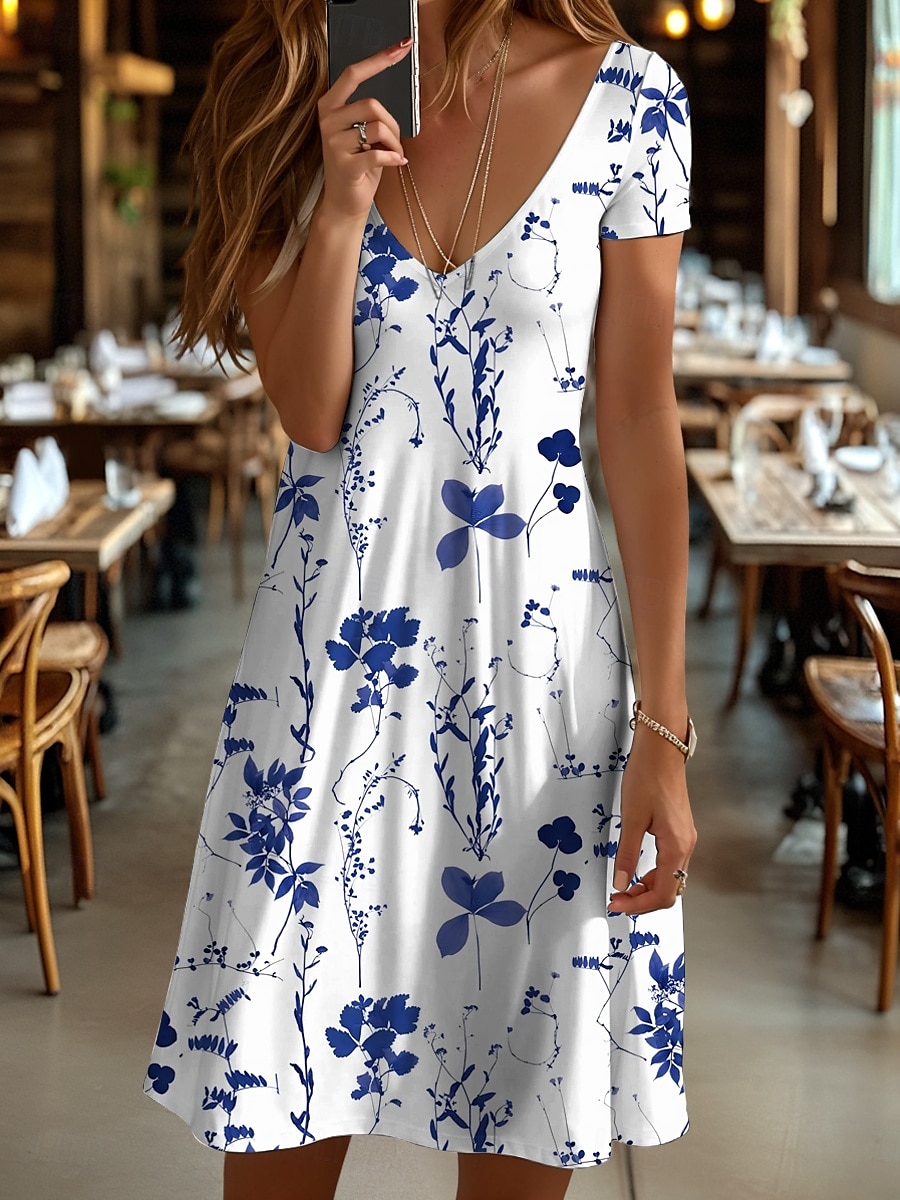 Pentru femei Rochii Midi Rochii Tricou Rochie de Vară Rochie A line Vacanță Casual Stiluri de Plajă Plajă Fit regulat Floral Grafic Manșon scurt În V Negru și Alb Galben Roșu-aprins Albastru piscină 2025 - $23.99 –P1