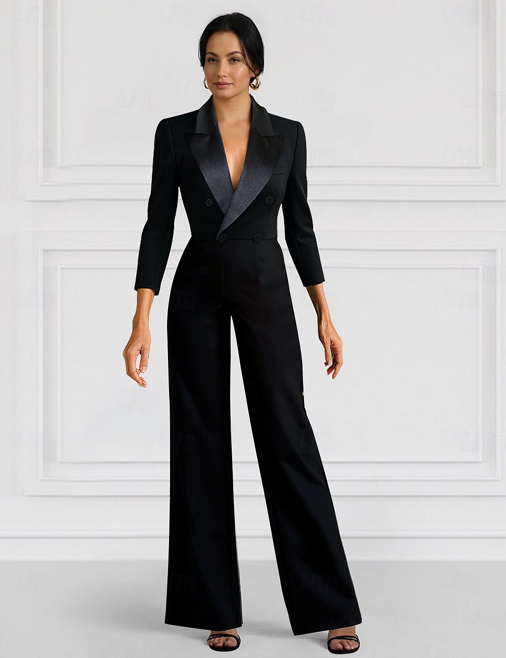 Zwarte Blazer Jumpsuit Moeder van de Bruid Bruiloft Gast Elegante Minimalistische Revers Vloerlengte Rekbare Stof Lange Mouwen met Knopen Effen Kleur 2025 - $147.99 –P1
