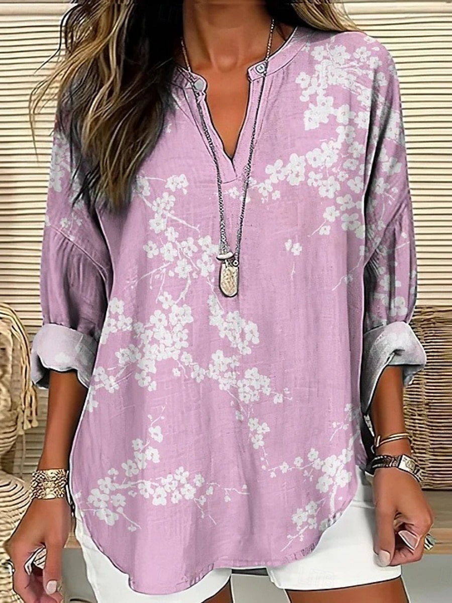 Dames Blouse Bloemig Stijlvol Modern Lange mouw V-hals Normale tops Dagelijks Feestdagen Afdrukken Wijn Marine Blauw blauw Paars Khaki Zomer 2025 - $22.99 –P2