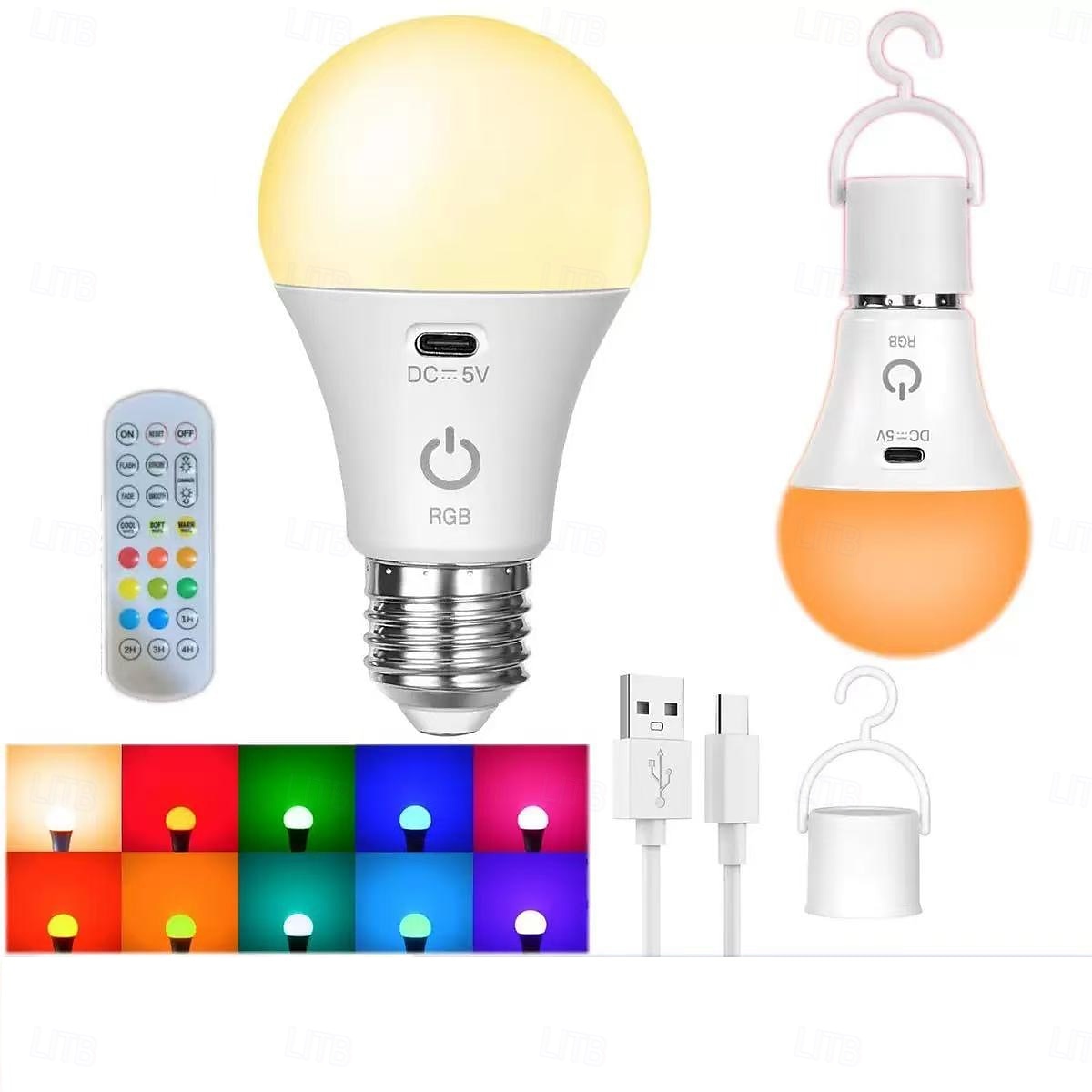 LED Lamp Dimmable Multicolour RGB Light Bulb 2000 mah Rechargeable Bulb A65 Light Smart Remote Control Home Decor Outdoor Activities and Camping 2025 - $16.99 –P1