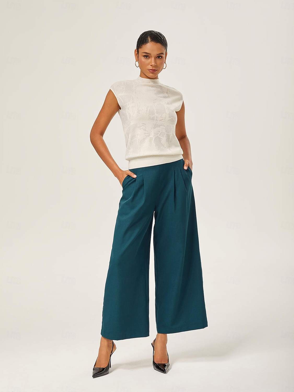 pantaloni dritti aderenti in misto lana verde lago del 2025 a $72.99 –P3