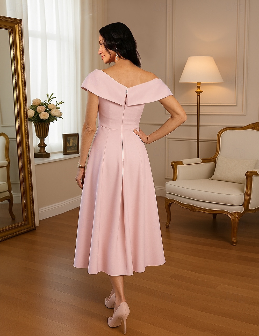 Kleid  Säulen Kleid Brautmutter Kleid Formell Elegant Vintage Ein Schulter Tee-Länge Stretchstoff Kurze Ärmel mit gerafften Applikationen Blumen Rennkleid 2025 - $129.99 –P2