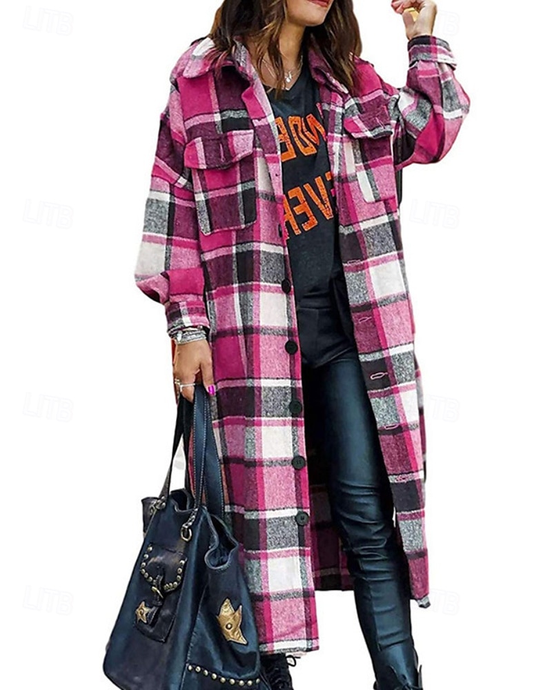 Damen Trenchcoat Bequem Knöpfe Tasche Modern Streetstyle Karomuster Ausgehen Alltagstauglich Einreihig Lang Umlegekragen Normale Passform Langarm Oberbekleidung Rote Rosenrot Grau Herbst Winter 2025 - $27.99 –P3