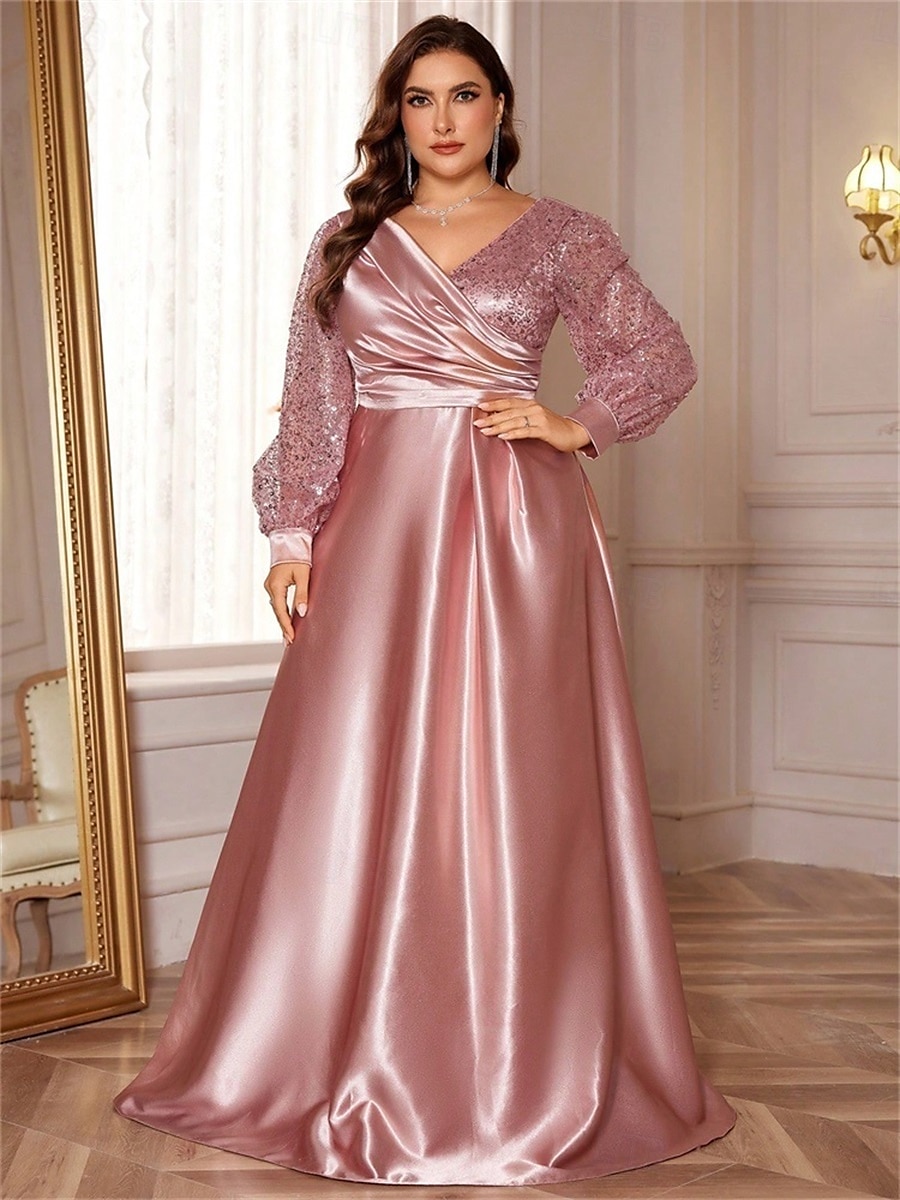 Robe A-Line Grande Taille Élégante Robe Courbe De Mariage Formelle Longue Au Sol Manches Longues Col en V En Polyester Avec Plis 2025 de 2025 ? $119.99 –P21