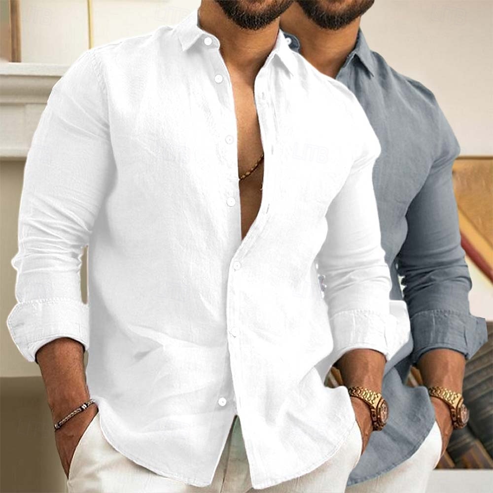 Men's Linen Shirt Summer Shirt Beach Wear Casual Shirt Button Up Shirt Plain Vacation Daily White+Green Green+Khaki Gray+Khaki Pink+Navy Blue Long Sleeve Lapel Summer Spring Clothing Apparel 2025 - $29.99 –P8