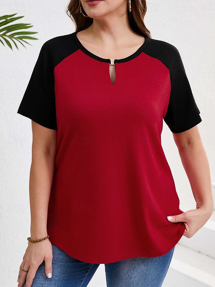 Women's Plus Size Tops T Shirt Solid Color Patchwork Short Sleeve V Neck Casual Daily Polyester Summer Spring Red Blue 2025 - $18.99 –P2