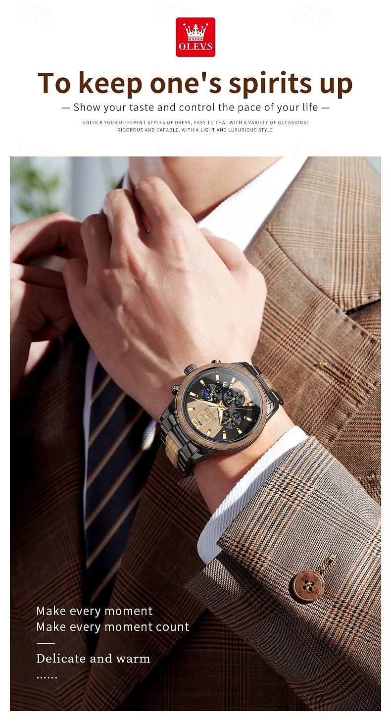 OLEVS 3645 Heren Horloge Top Merk Business Originele Kwarts Horloge Massief Hout Multifunctionele Chronograaf Maanfase Horloge 2026 - $62.99 –P3