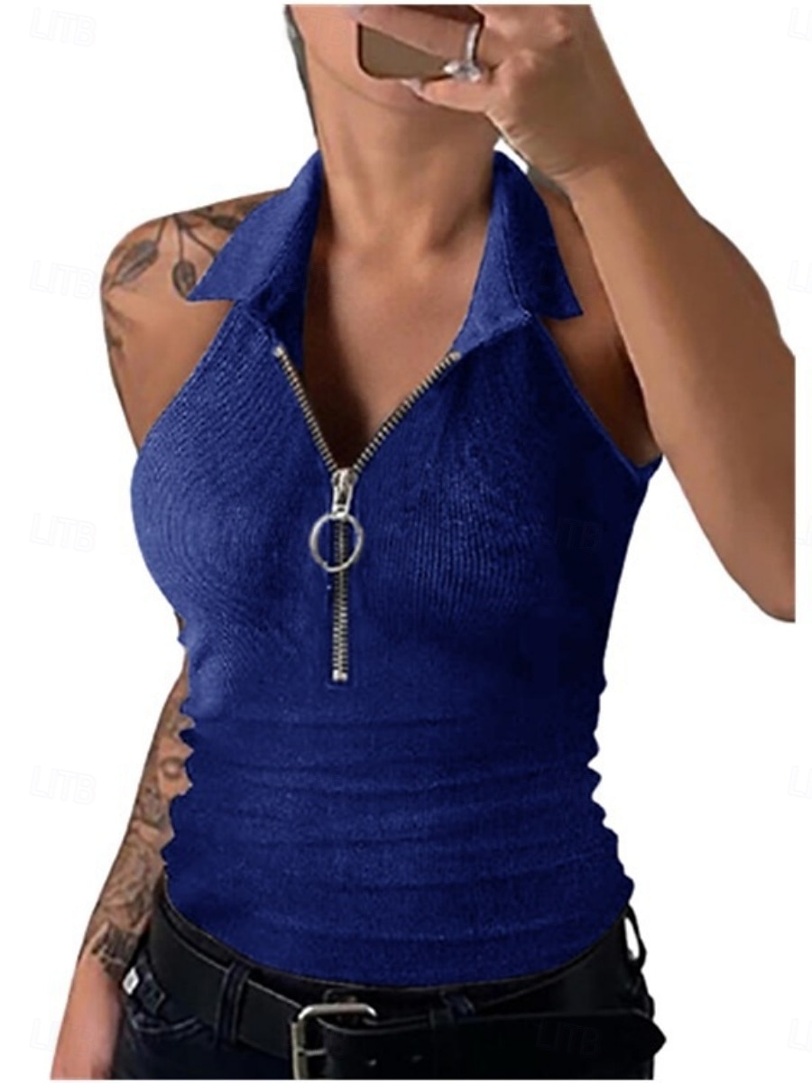 Pentru femei Camisole Tank Top Culoare solidă Modern Casual Fără manșon Guler Cămașă Topuri obișnuite Zilnic Fermoar Negru Roșu Vin Albastru piscină Maro Trifoi Vară 2025 - $15.99 –P16