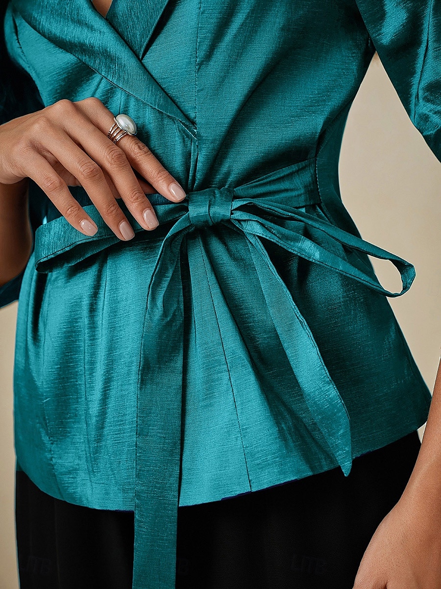 Dam Blus Kvällstoppar Elegant Metallisk Stylish 3/4 ärm V-hals Vanliga toppar Bröllopsgäst Kvällsfest Semiformell knyt fram Djupblå Vår, Höst, Vinter, Sommar 2025 - $79.99 –P4