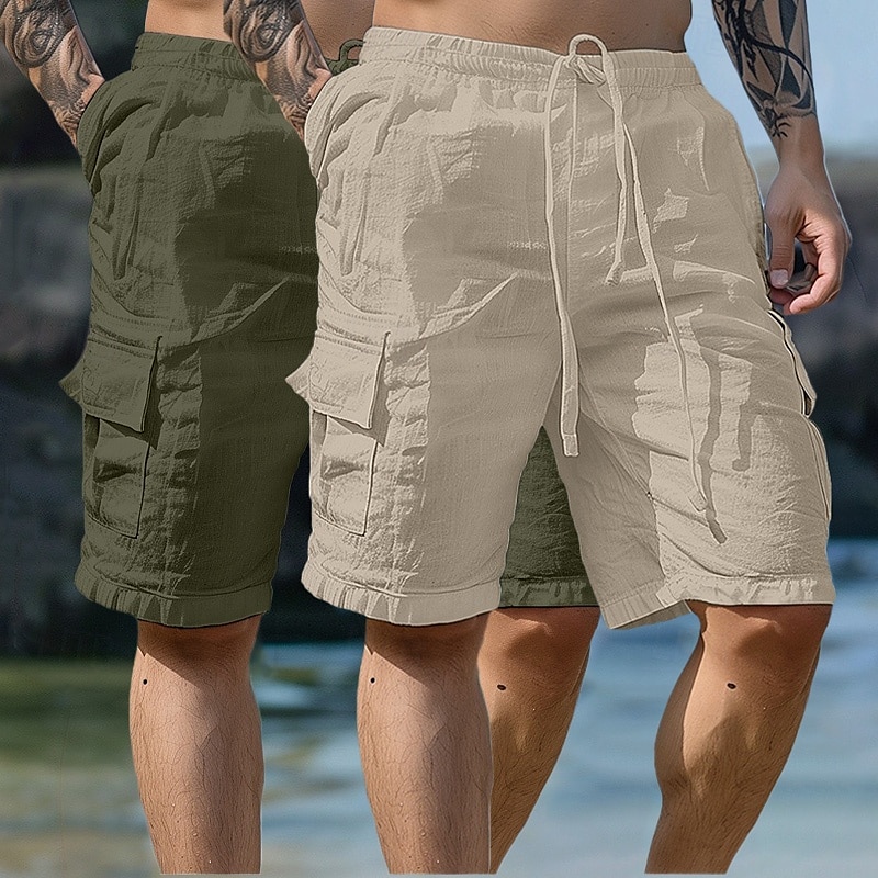 Homens Calção Shorts de linho Shorts de verão Shorts de praia Com Cordão Cintura elástica Bolso multi Tecido Comprimento do joelho Ao ar livre Feriado Praia Férias Havaiana Branco + céu azul Branco de 2025 por $27.99 –P6