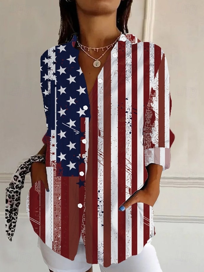 Independence Day Women's Patriotic Fourth of July Shirt Graphic Flag Vintage Tropical Stylish Long Sleeve Shirt Collar Regular Tops Work Daily Buttons Print Black White Red Light Blue Fall 2025 - $29.99 –P1