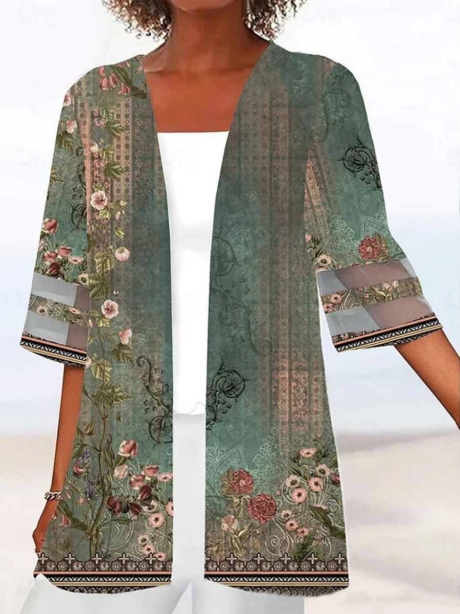 Femmes Veste Décontractée Respirant Confortable Patchwork Imprimé Occasionnel Fleuri Vacances Rue Tenue quotidienne Sortir Ouvert devant Régulier Sans Col Coupe régulière Manche 3/4 Vêtements de 2025 ? $27.99 –P4