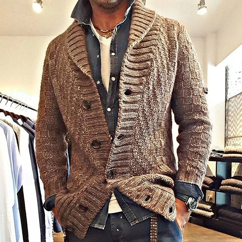 Men's Sweater Cardigan Sweater Cable Knit Regular Tops Knitted Plain Shawl Collar Modern Contemporary Casual Casual Daily Wear Clothing Apparel Fall Winter Black Navy Blue S M L 2025 - $37.99 –P5