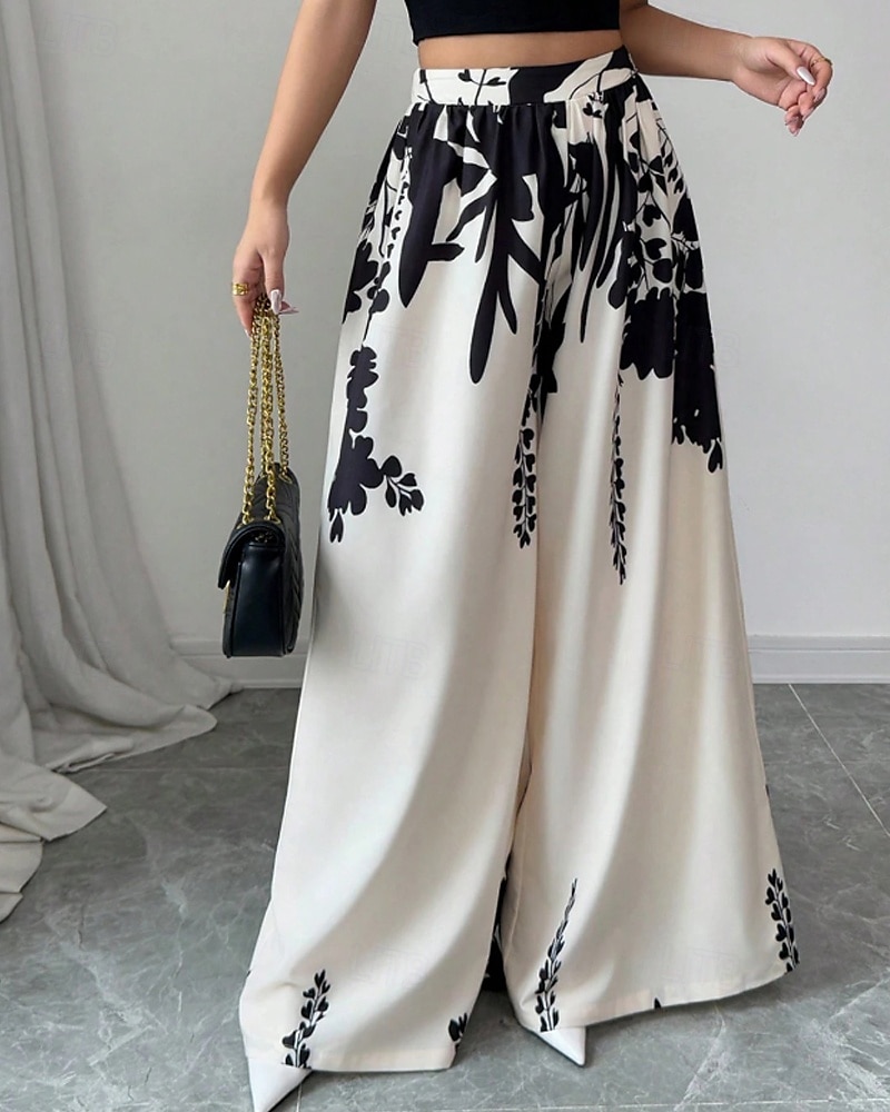 Women's Wide Leg Slacks Streetwear Casual Full Length Natural Flower Elastic Waist Printing Comfy Outdoor Comfortable Holiday Weekend Black White Fall Regular Fit 2026 - $24.99 –P2