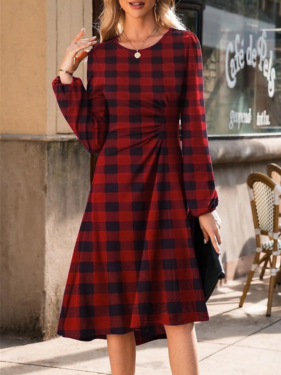 Per donna Mini Abito Abito a trapezio Abiti semi formali Ufficio Vestibilità regolare Plaid Semplice Manica Lunga Girocollo Nero Vino Rosso Estate Autunno del 2025 a $24.99 –P1