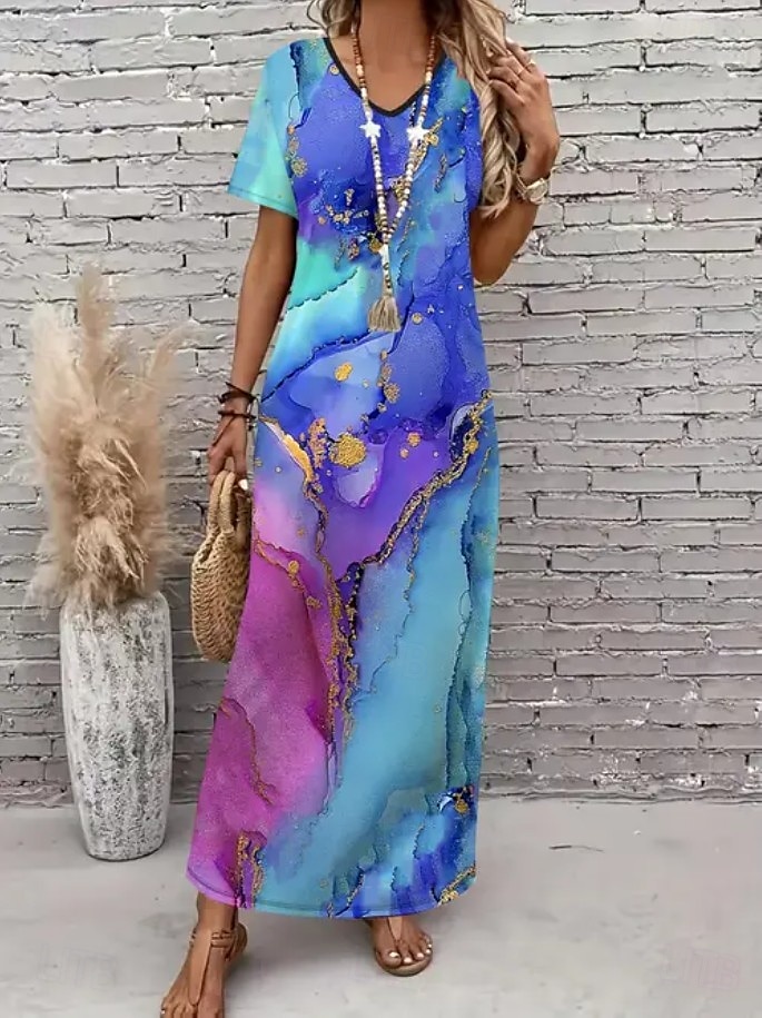 Femmes Robe Midi Robe d'Été Robe trapèze Vacances Occasionnel Boho Sortir Coupe Ample A Ombre Graphique Géométrique Manche Courte Col en V bleu marine Bleu Bleu Ciel Violet Été Printemps Automne de 2025 ? $28.99 –P2