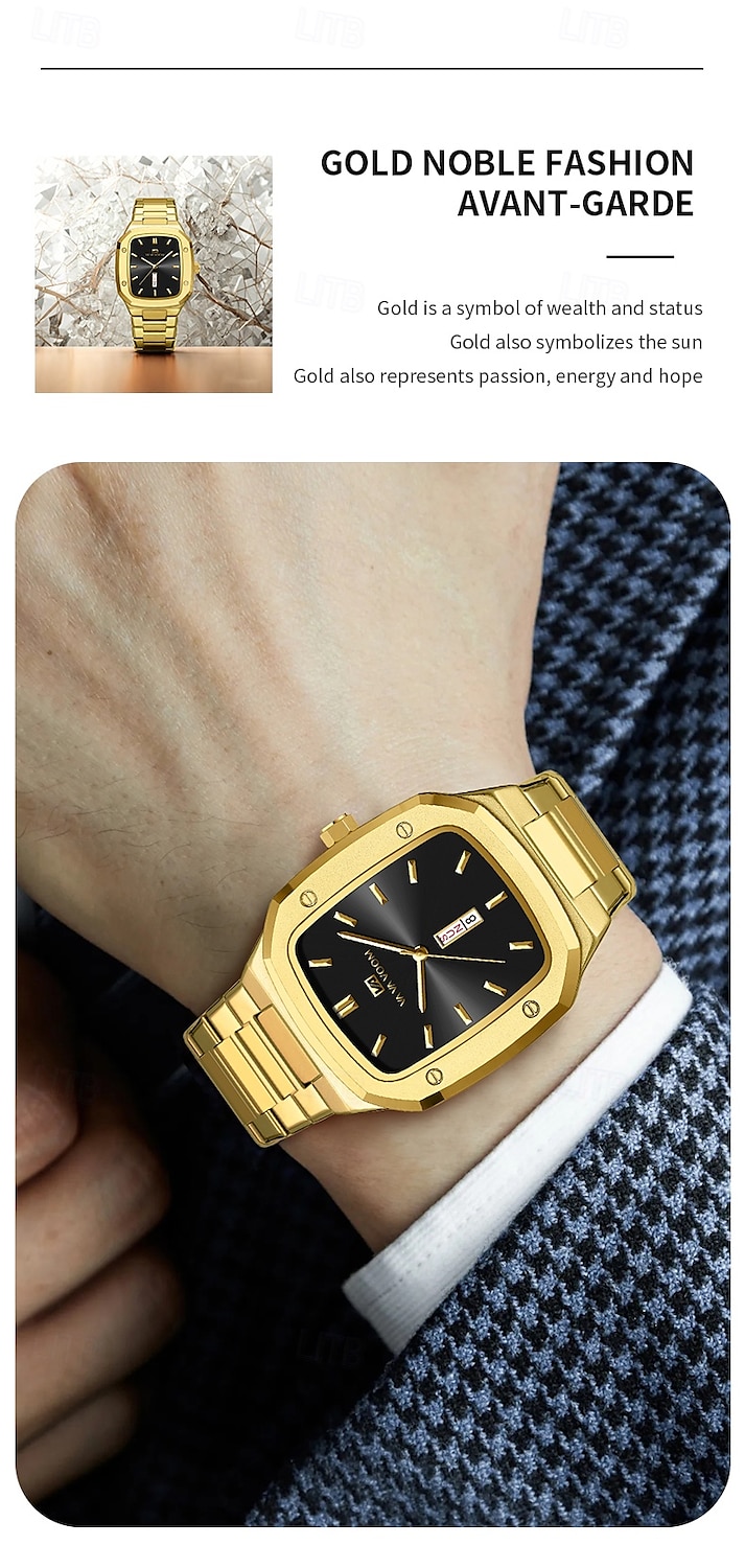 VA VA VOOM Top Brand Men Wrist Watches Luxury Waterproof Gold Black Silver Date Week Display Square Watch for Men Stainless Steel Watc 2025 - $26.99 –P7