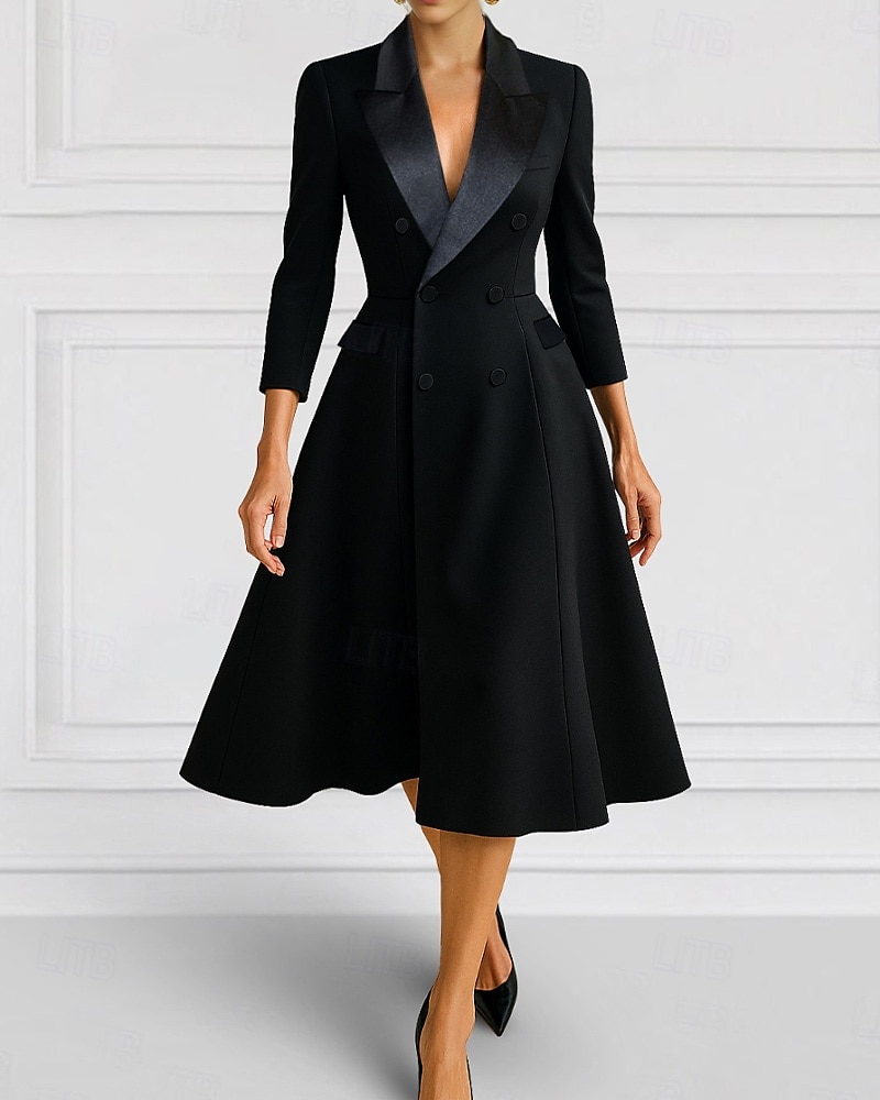 A-Line Blazer Dress Mother of the Bride Dress Tuxedo Dress Elegant Simple Minimalist V Neck Peak Lapel Tea Length Midi Length Flap Pockets Stretch Crepe 3/4 Length Sleeve with Covered Buttons 2025 - $137.99 –P1