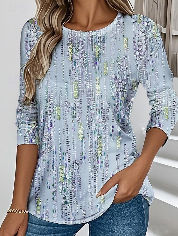 Per donna Maglietta Grafico Geometrico Astratto Elegante Vintage Classico Manica Lunga Girocollo Top Regolari Quotidiano Stampato Rosa Blu Viola Verde Estate Primavera del 2025 a $23.99 –P3