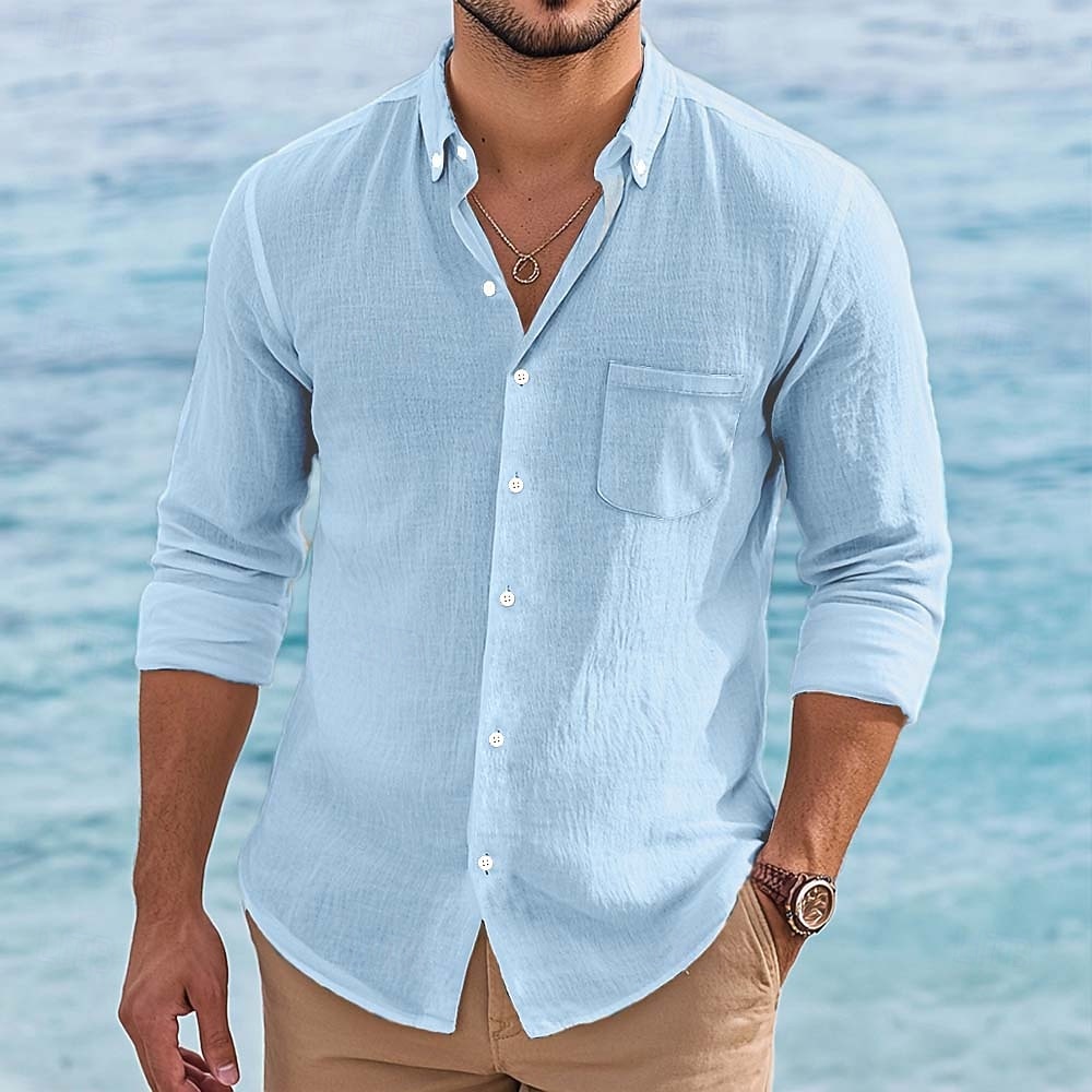 Hombre Camisa Camisa de lino Camisa de verano Camisa con botones Camisa de playa Color sólido Vacaciones Festivos Blanco Rosa Verde Trébol Azul claro Manga Larga Diseño Ropa Botones 2026 - $24.99 –P7