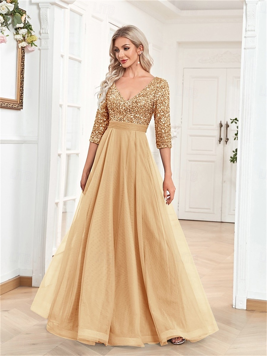 A-linjainen Quinceanera-Mekot Elegantti Mekko Virallinen Häät Lattiapituus Puolihihainen V-kaula-aukko Tylli Strassilla 2025 - $99.99 –P21