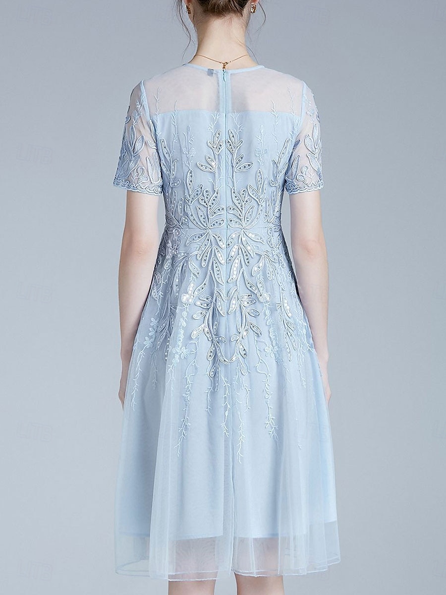 Vestido A-Line Vestido da Mãe da Noiva Elegante Decote Redondo Comprimento do Joelho Tule Mangas Curtas com Pregas Bordado de 2025 por $136.99 –P6