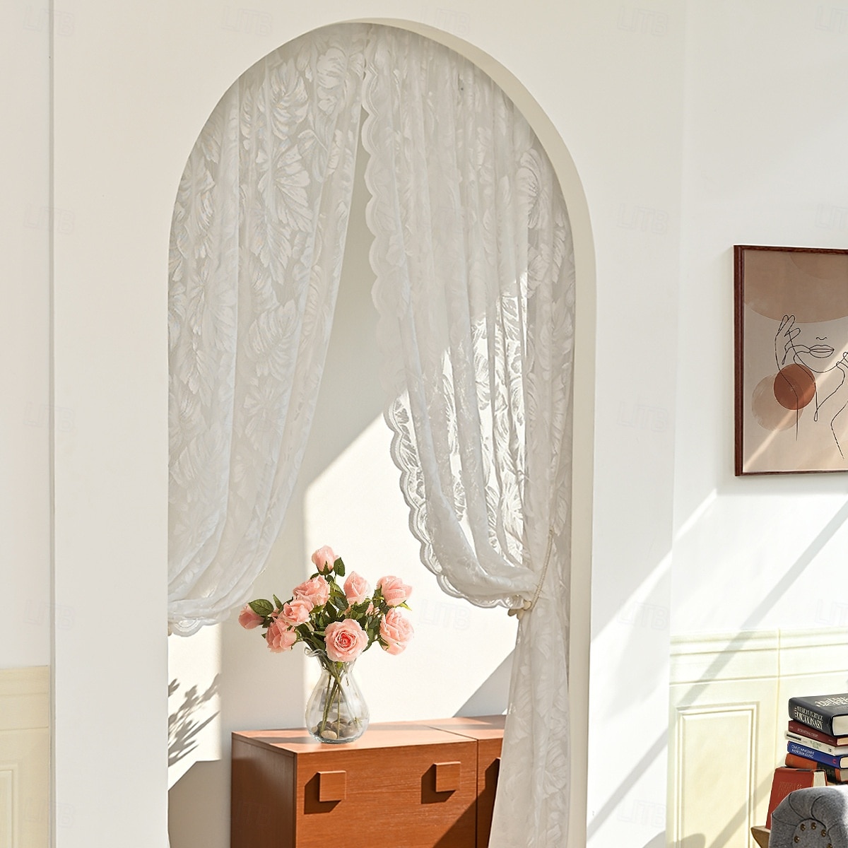 Fransk spetsgardiner lantgårdscalloped trim semi-transparent gardiner broderade fönstergardiner med krok vintage fönsterdraperier för vardagsrum sovrum 2025 - $13.99 –P6