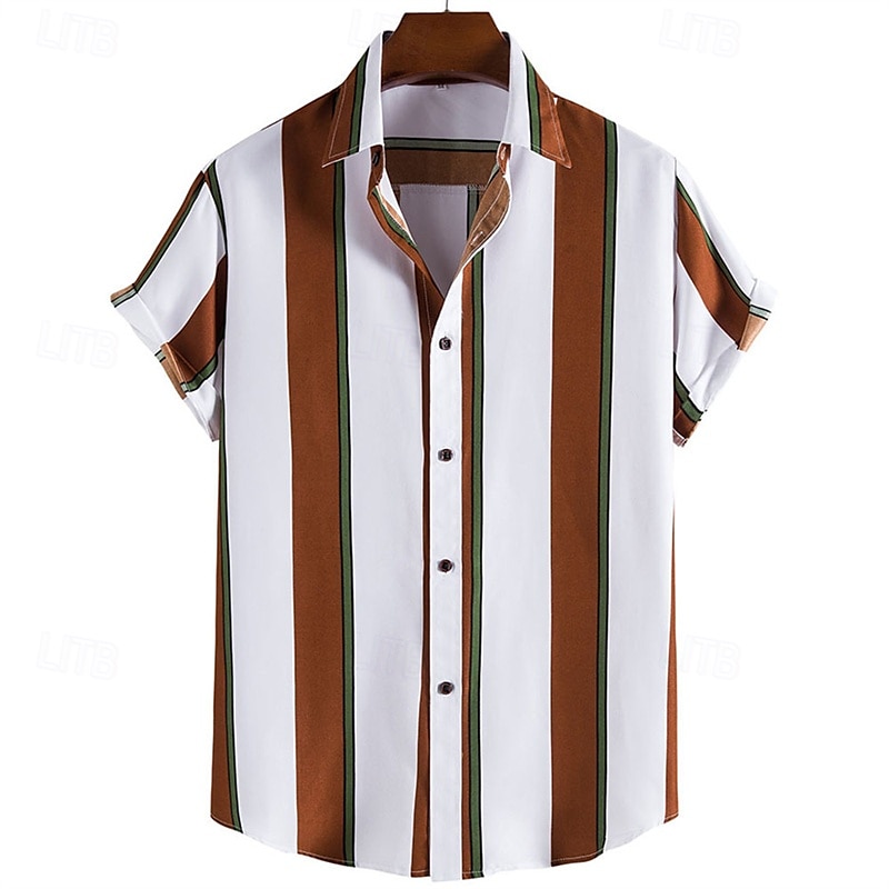 Herren Hemd Sommerhemd Freizeithemd Strandhemd Knopfhemd Blau Gold Grün Dunkelgray Grau Kurzarm Streifen Revers Urlaub Hawaiianisch Bekleidung Polyester Mode Lässig Bequem 2025 - $18.49 –P2