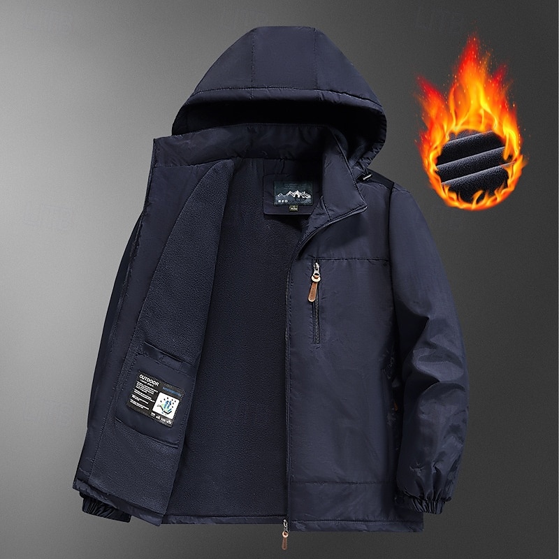 Herre Fleece regnjakke Vinterjakke Turjakke Vindjakke utendørs Sport & Utendørs Vanntett Vindtett jakke Lomme Avtakbar hette Høst Vinter Helfarge Aktiv Sportslig Med hette Kort Svart Navybl 2025 - $41.99 –P7