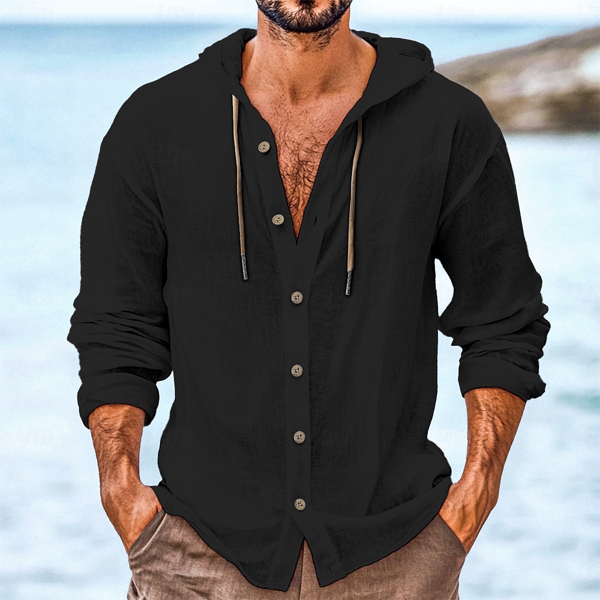 Per uomo Camicia Camicia di lino Abbigliamento da spiaggia Camicia con Bottoni Camicia con cappuccio Semplice Vacanza Casuale Nero Bianco Verde Cachi Manica Lunga Con Cappuccio Primavera & Estate del 2025 a $23.99 –P10