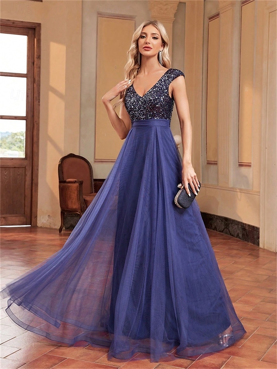 Abiti per Quinceanera A-Line elegante abito formale per matrimonio lunghezza del pavimento senza maniche scollo a V tulle con schiena a V e paillettes del 2025 a $99.99 –P15