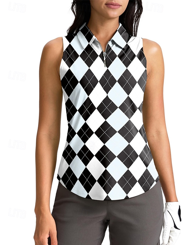 Women's Plaid / Check Sport Shirt Golf Polo Shirt Tennis Shirt Sleeveless Zipper High Elasticity Moisture Wicking Breathable Tennis Golf Pickleball Turndown Zip Collar Shirt Top Black Tennis Clothing 2025 - $16.79 –P1