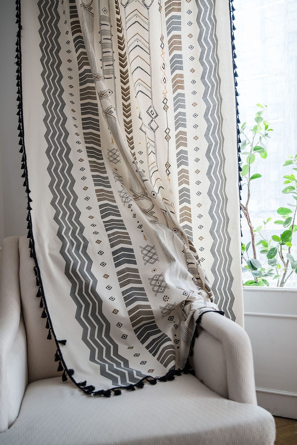 Boho Κουρτίνες από Κοντό Λινό με Χάντρες Γεωμετρικό Ημι-Σκοτεινό Εκτύπωση Αγροτική Μποέμ Κουρτίνες Παραθύρων για Καθιστικό Ροδόχρωμες Κουρτίνες 1 Πάνελ 2025 - $22.99 –P3