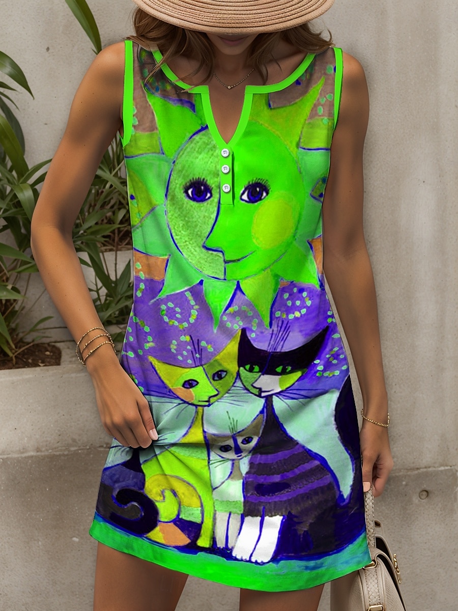 Damen Minikleid Sommerkleid Shiftkleid Schulterfreies Kleid Urlaub Lässig Outdoor Ausgehen Normale Passform Grafik Tiermotiv Katze Ärmellos V Ausschnitt Gelb Rote Blau Purpur Sommer Frühling 2025 - $21.99 –P7
