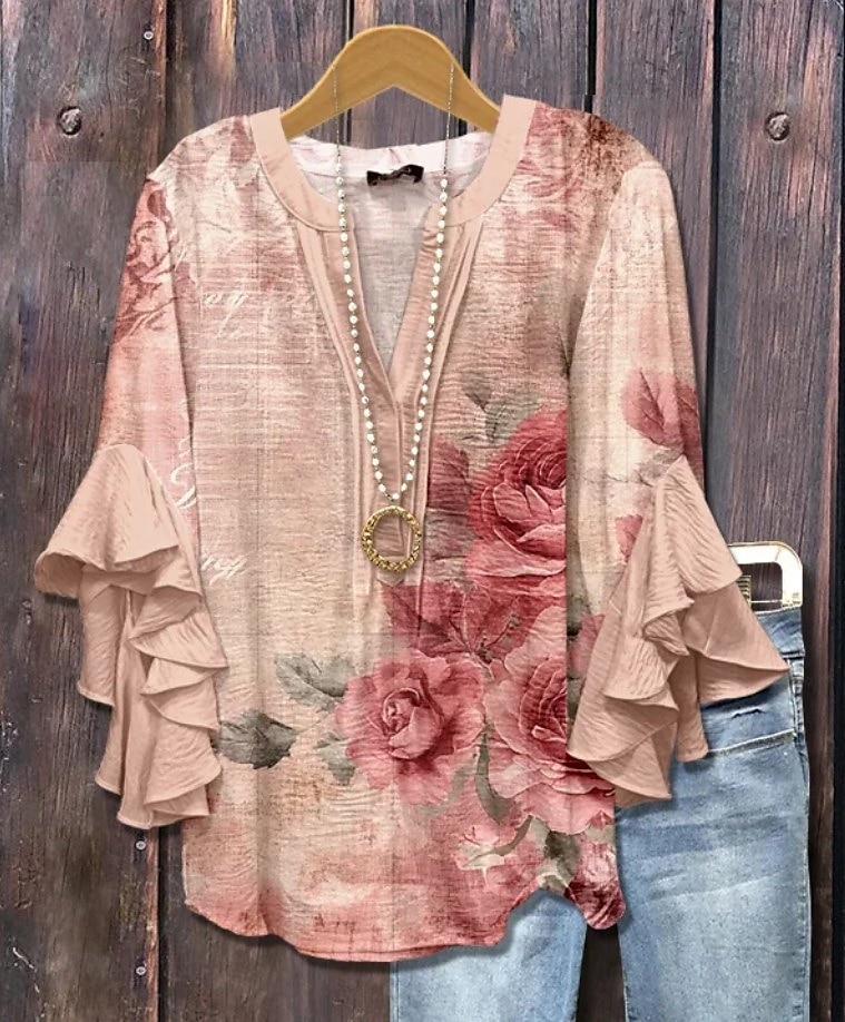 Damen Bluse Blumen Grafik Gestreift Elegant Bohemien Ethnisch Dreiviertelarm V Ausschnitt Normale Oberteile Täglich Ferien Urlaubskleidung Rüsche Druck Rosa Blau Staubiges Blau Grün Khaki Sommer 2025 - $29.99 –P2