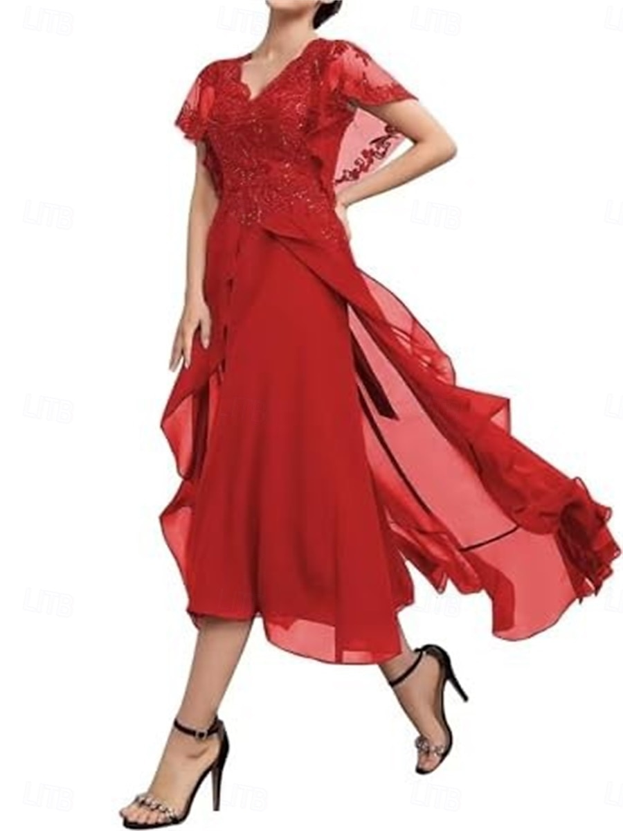 Abito A-Line per Madre della Sposa Elegante V Collo in Lungo Chiffon Maniche Corte con Colore Solido del 2025 a $179.99 –P3