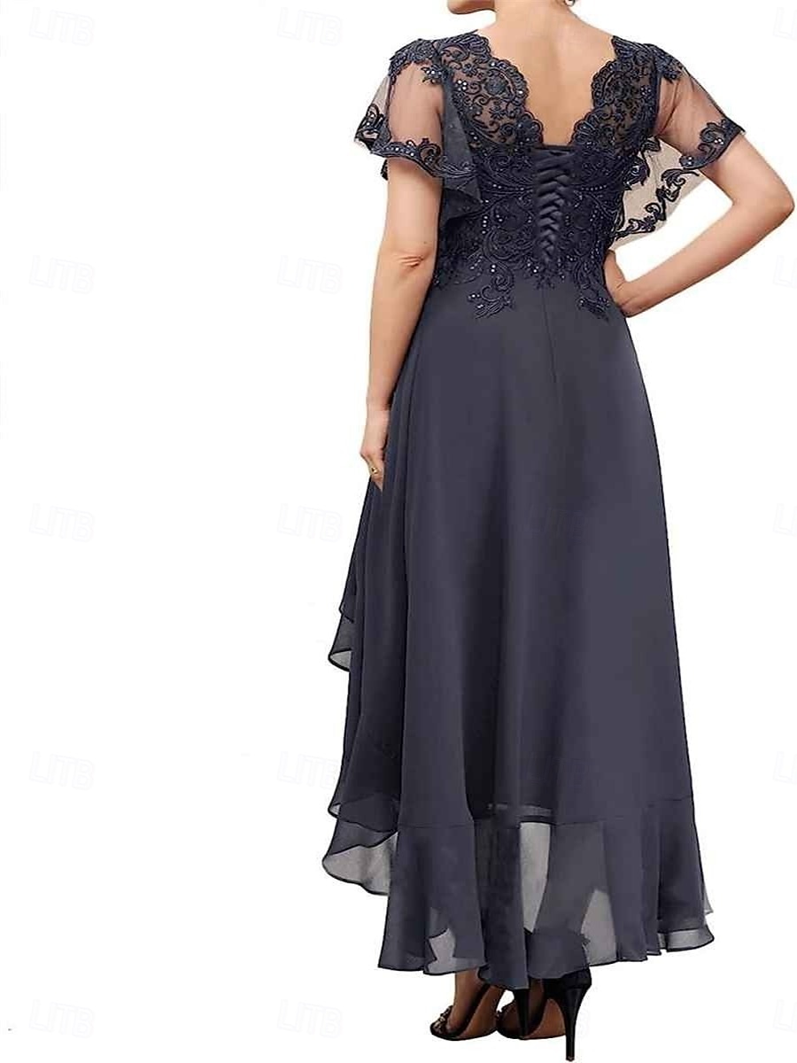 Abito A-Line per Madre della Sposa Elegante V Collo in Lungo Chiffon Maniche Corte con Colore Solido del 2025 a $179.99 –P2