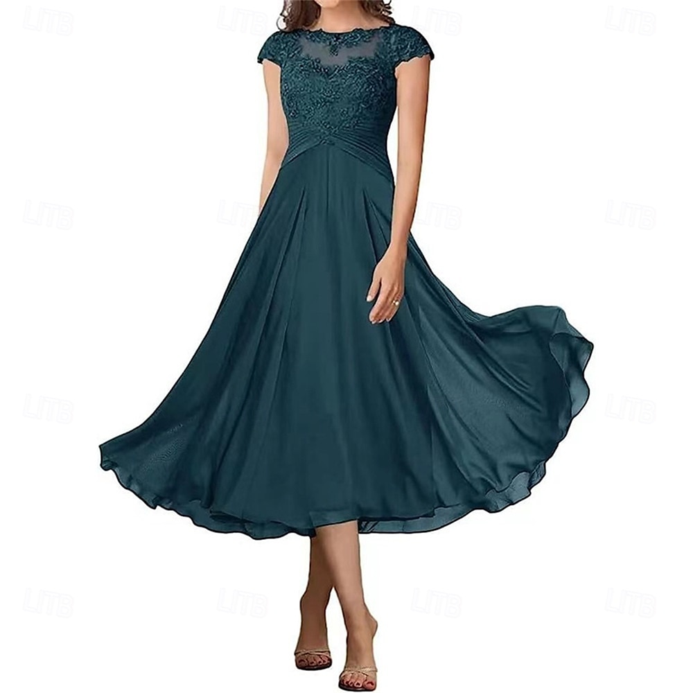 A-Linie Brautmutterkleid Elegant Einfach Rundhalsausschnitt Knöchellänge Chiffon Kurzarm mit Falten Einfarbig 2025 2025 - $119.99 –P18