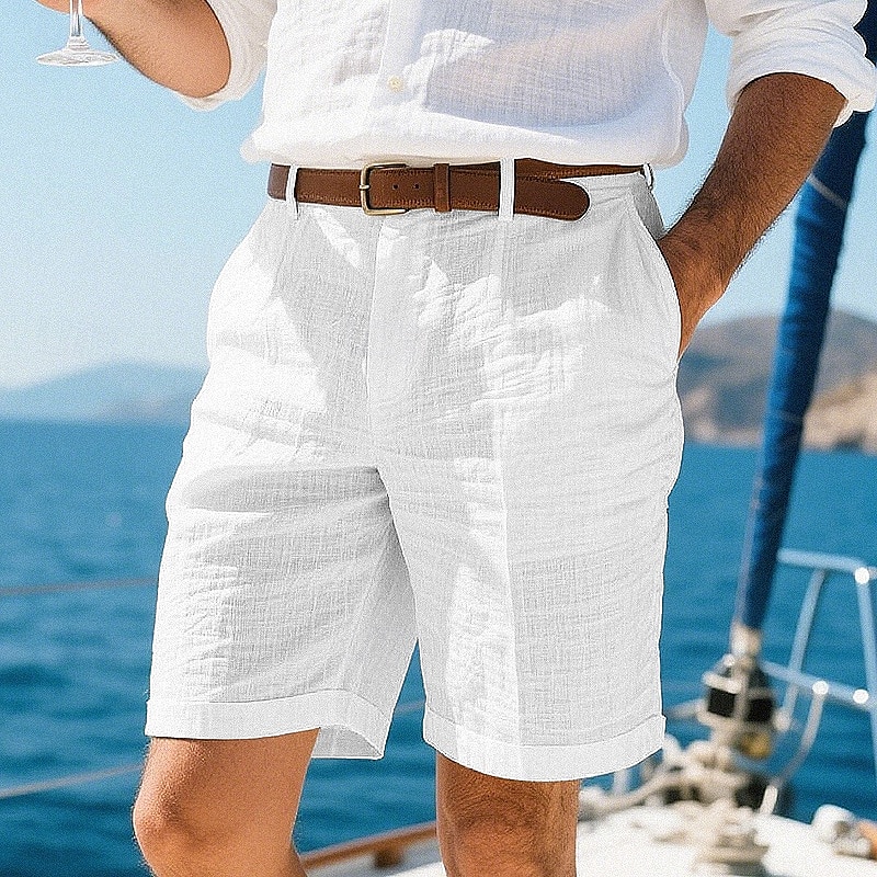 Herr Shorts Linne Shorts Sommarshorts Beach Shorts Ficka Knappar Slät Komfort Andningsfunktion Kort Semester Helgdag Strand Hawaiisk Boho Svart Vit 2025 - $21.99 –P1