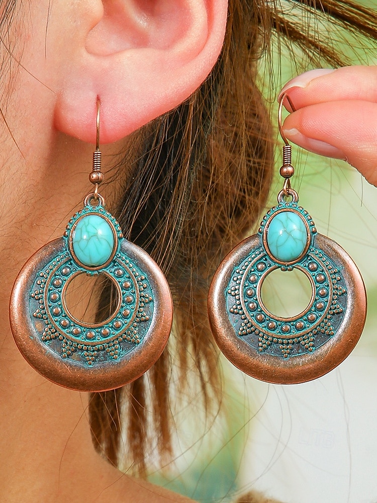 Dámské visací náušnice v boho stylu s tyrkysovou povrchovou úpravou - lehké visací náušnice ve vintage kmenovém stylu s povrchovou úpravou v antickém bronzu pro neformální vánoční výpravy a dárky 2025 - $11.99 –P7