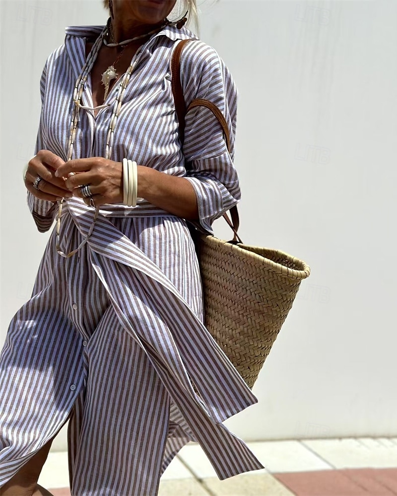 Femmes Robe Midi Robes inspirées du lin Robe Chemise Robe Décontractée Mode Moderne Quotidien Plage Week-end Coupe régulière Rayé manche longue Col de chemise Rose Claire Marron clair Bleu Ét de 2025 ? $36.99 –P1