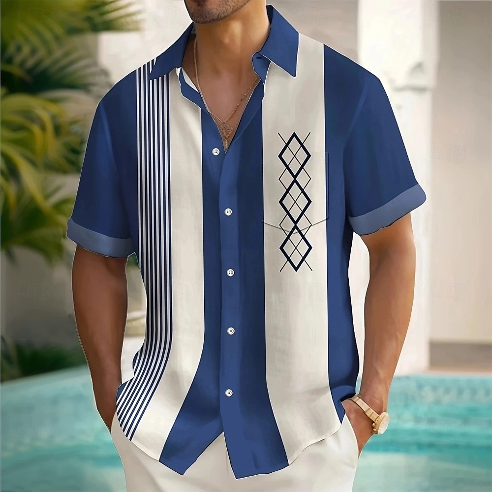 Herren Geometrisch Gestreift Karo / Karomuster Hemd Sommerhemd Knopfhemd Kurzarm Modisch lässig Outdoor Urlaub Alltagskleidung Sommer Frühling Umlegekragen 3D-Druck Hemden mit Kragen Eine Tasche vorne 2026 - $25.99 –P6