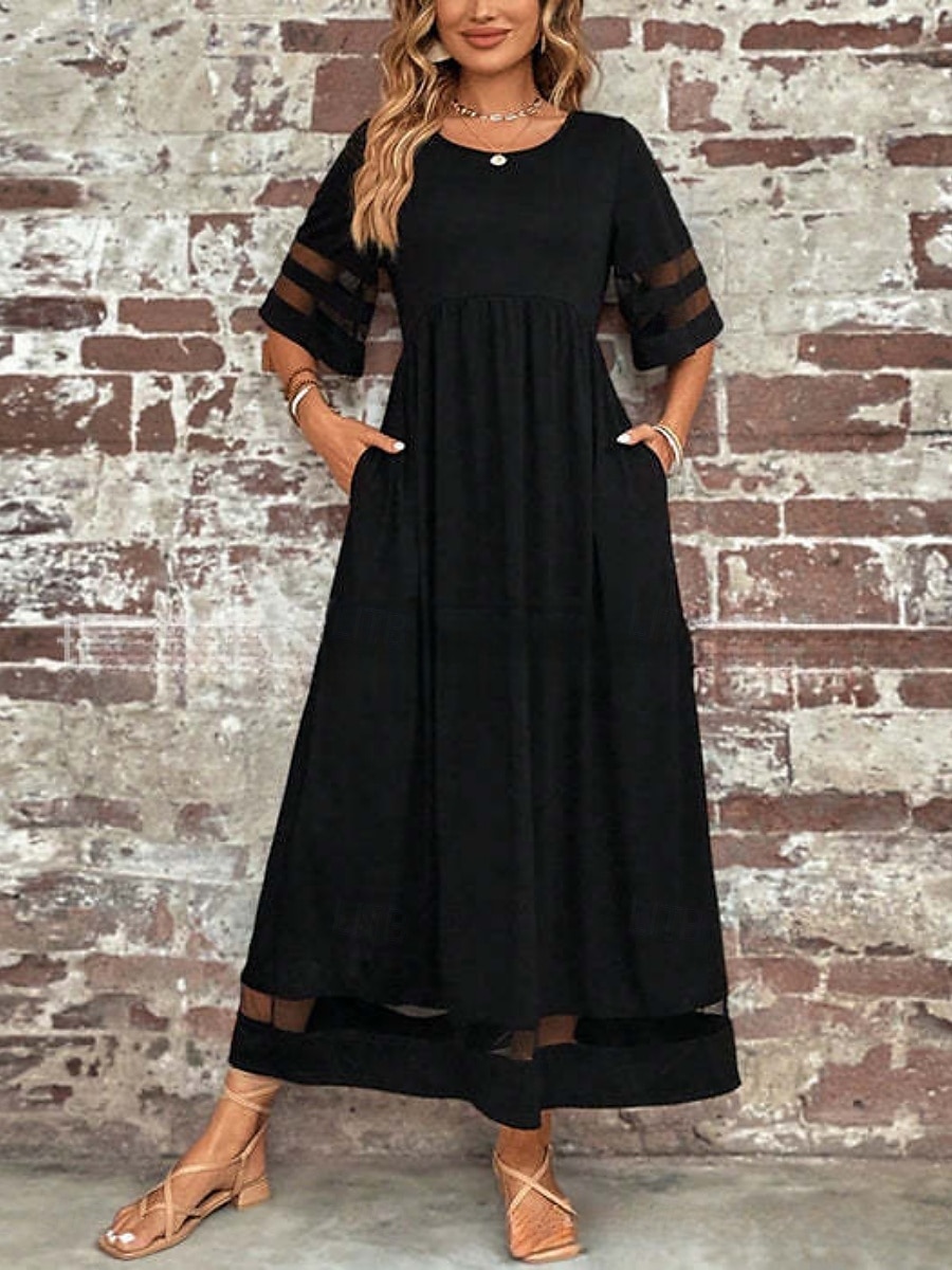Femmes Robe maxi Robe trapèze Robe d'été Occasionnel Quotidien Coupe régulière Uni Demi Manches Col en V Noir Vin Vert Été de 2025 ? $36.99 –P3