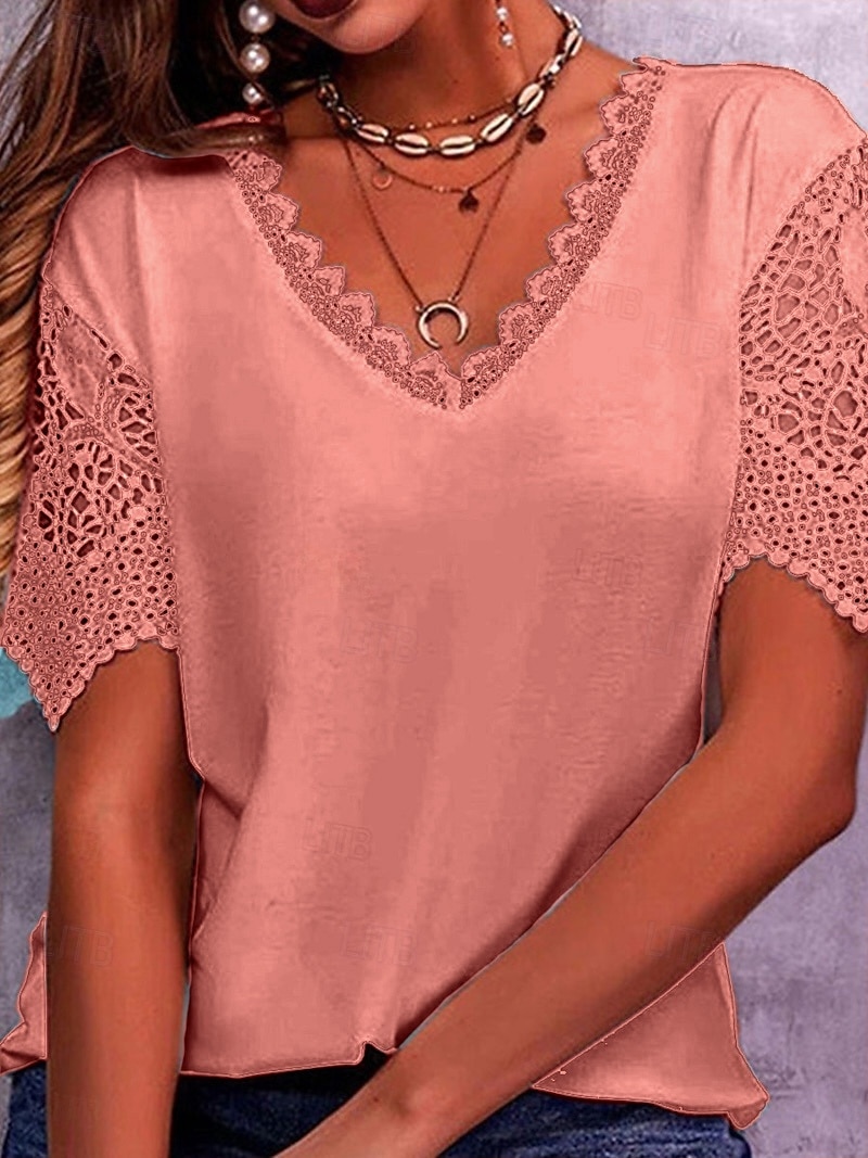 Per donna Maglietta Semplice Moda Moderno Casual Manica Corta Scollo a V Top Regolari Quotidiano Uscire Weekend Pizzo Patchwork Traforato Bianco Rosa Viola Azzurro Estate Primavera del 2025 a $16.49 –P1
