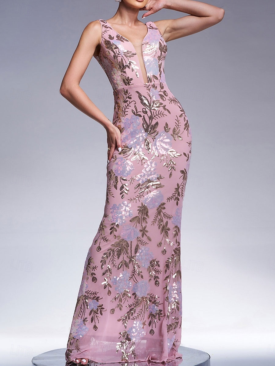 Mermaid / Trumpet Evening Gown Elegant Dress Formal Wedding Floor Length Sleeveless V Neck Lace with Sequin 2025 - $139.99 –P15