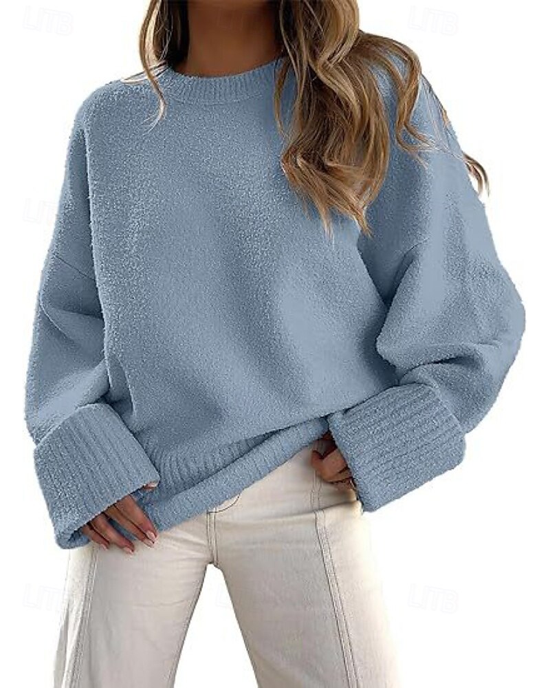 Women's Sweater Pullover Fashion Solid Color Ribbed Crew Neck Knitted Long Sleeve Regular Tops Knit Outdoor Holiday Going out Black White Fall 2025 - $28.99 –P18