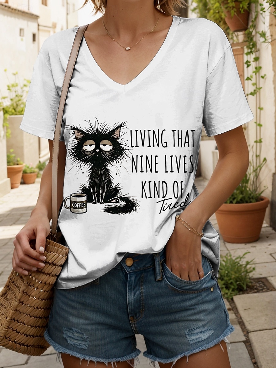 Per donna Maglietta Grafico Animale Gatto Vintage Elegante Classico Manica Corta Scollo a V Top Regolari Quotidiano Stampato Nero Bianco Rosa Rosso Blu Estate Primavera del 2025 a $19.99 –P6