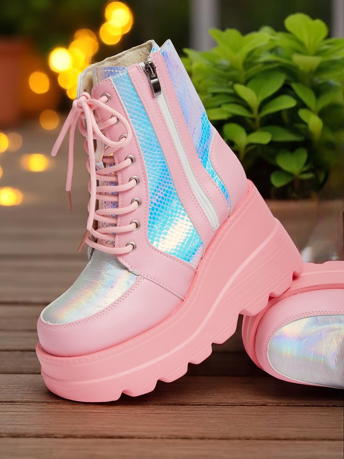 Botas de combate femininas plataforma rosa, botas de cano curto holográficas com cadarço e salto grosso com zíper lateral, estilo de rua ousado para vida noturna e roupas de festa de 2025 por $34.99 –P6