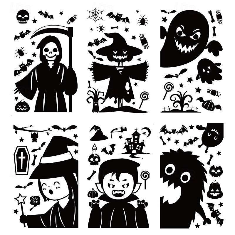 6 listů halloweenských samolepek na okna, dekorace s oboustrannými obtisky, dýňová kostra, statické samolepky na sklo, výlohy a halloweenské párty potřeby. 2025 - $6.99 –P2