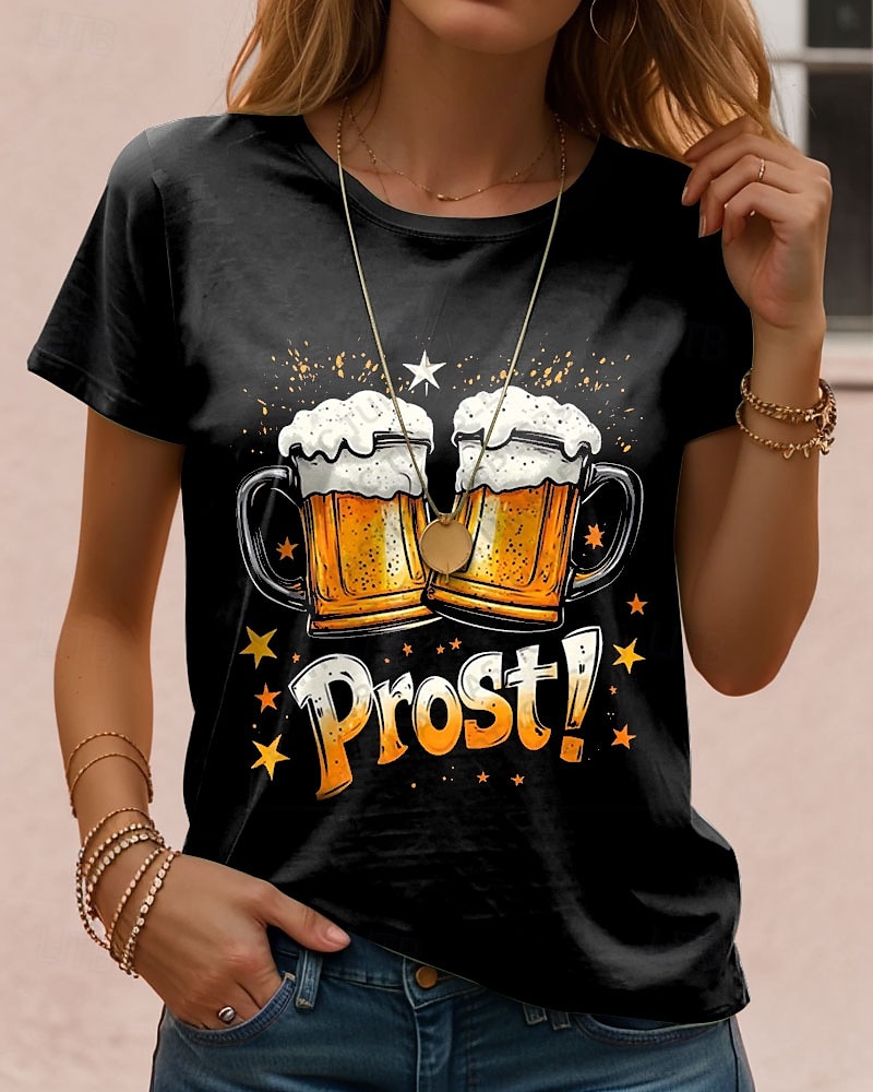 Fête d'Octobre Femmes T-shirt Graphique Lettre ancien Élégant Classique Manche Courte Col ras du cou Hauts Réguliers Quotidien Week-end Imprimé Noir Bleu Violet Vert Été Printemps de 2025 ? $19.99 –P1